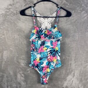 Betsey Johnson Kids Girls Tropical Flamingo Floral One Piece Swimsuit Size 10